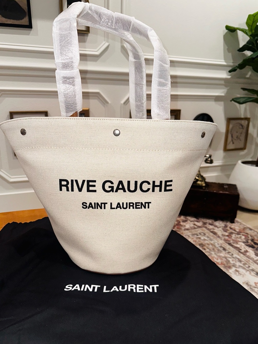 NWT Saint Laurent Rive Gauche Panier Canvas Trapezoid Basket Tote Bag